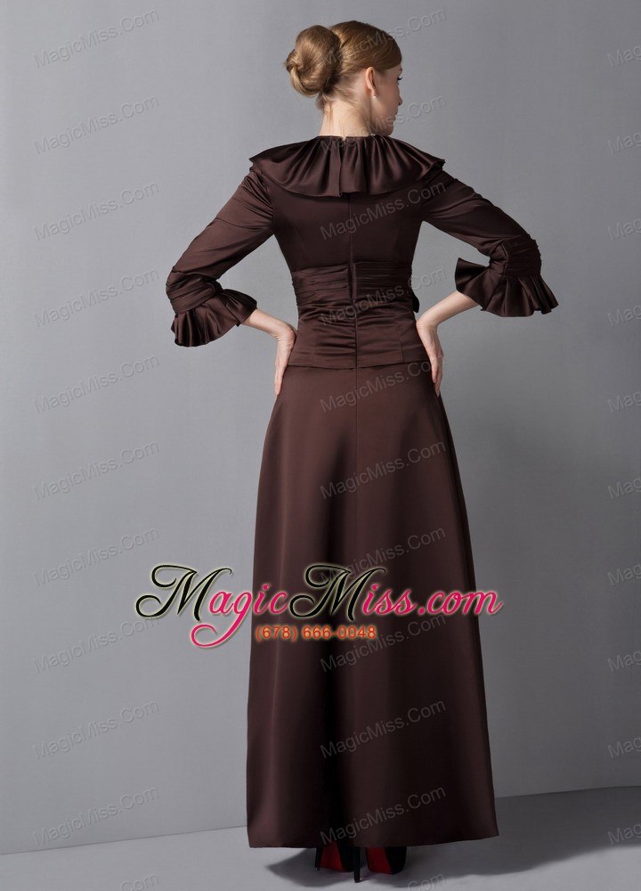 wholesale brown column v-neck ankle-length satin sash mother of the bride dress