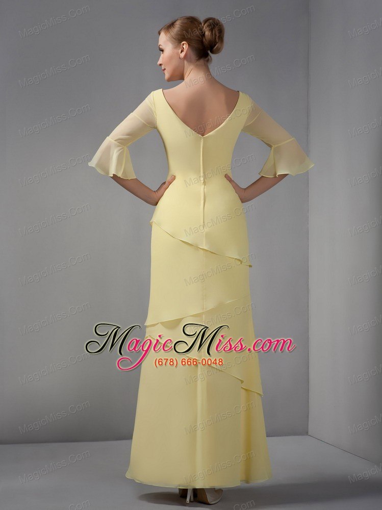 wholesale yellow column v-neck ankle-length chiffon ruch mother of the bride dress
