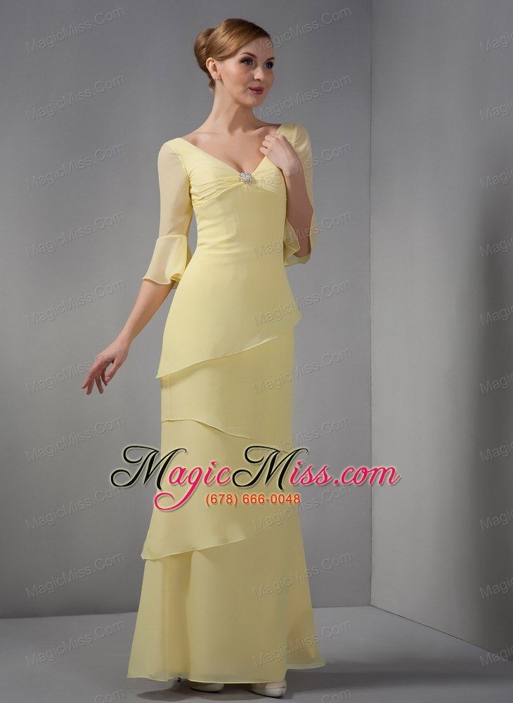 wholesale yellow column v-neck ankle-length chiffon ruch mother of the bride dress