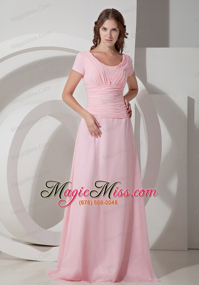 wholesale baby pink empire scoop neck floor-length chiffon beading prom dress
