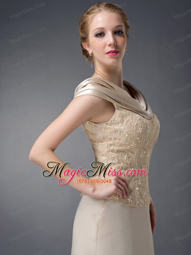 wholesale champagne column v-neck floor-length satin lace and beading mother of the bride dress