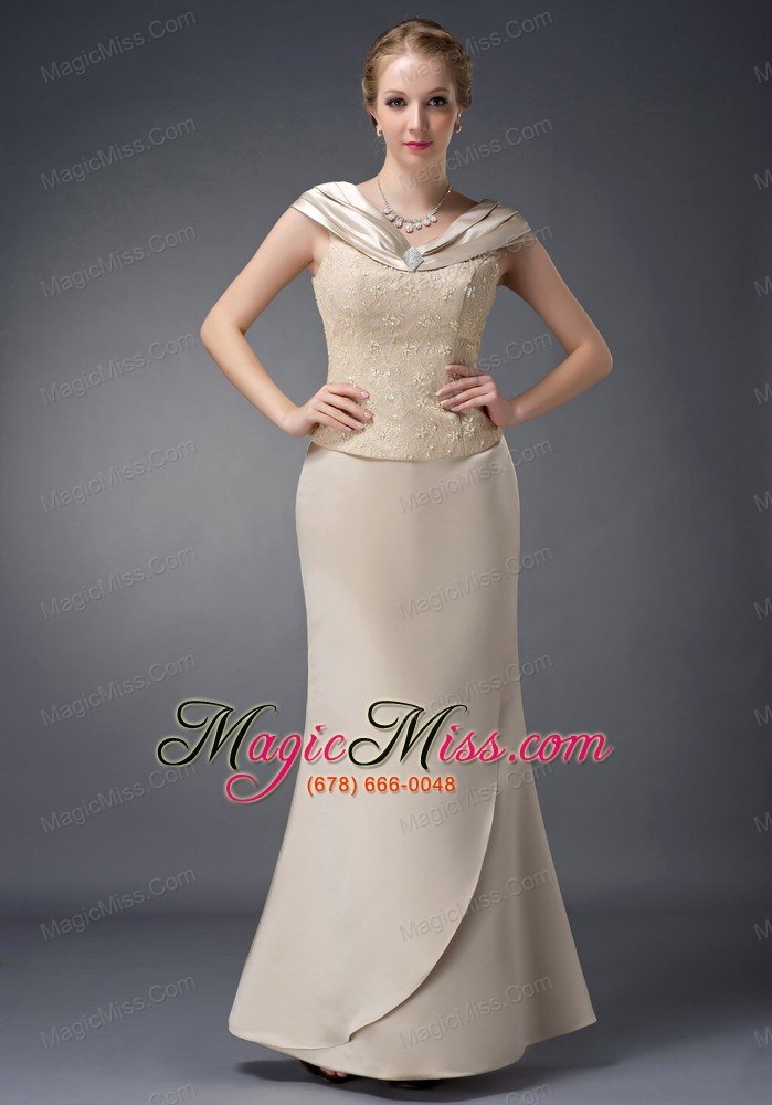 wholesale champagne column v-neck floor-length satin lace and beading mother of the bride dress