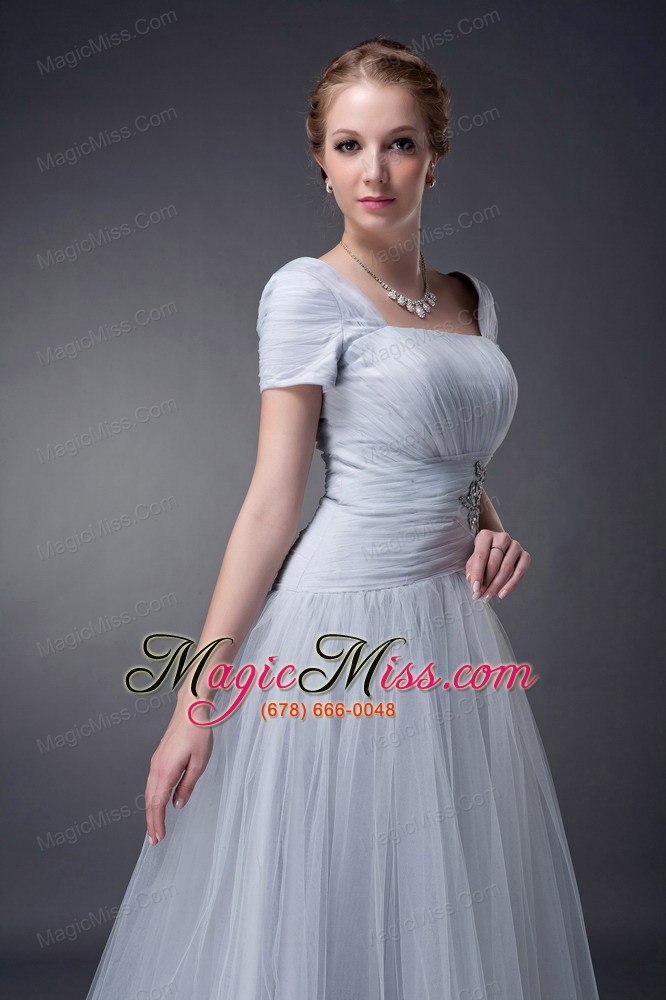 wholesale gray a-line square brush train tulle appliques mother of the bride dress