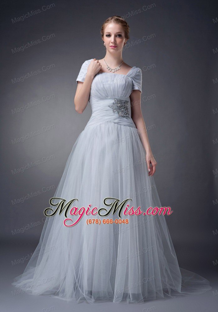 wholesale gray a-line square brush train tulle appliques mother of the bride dress