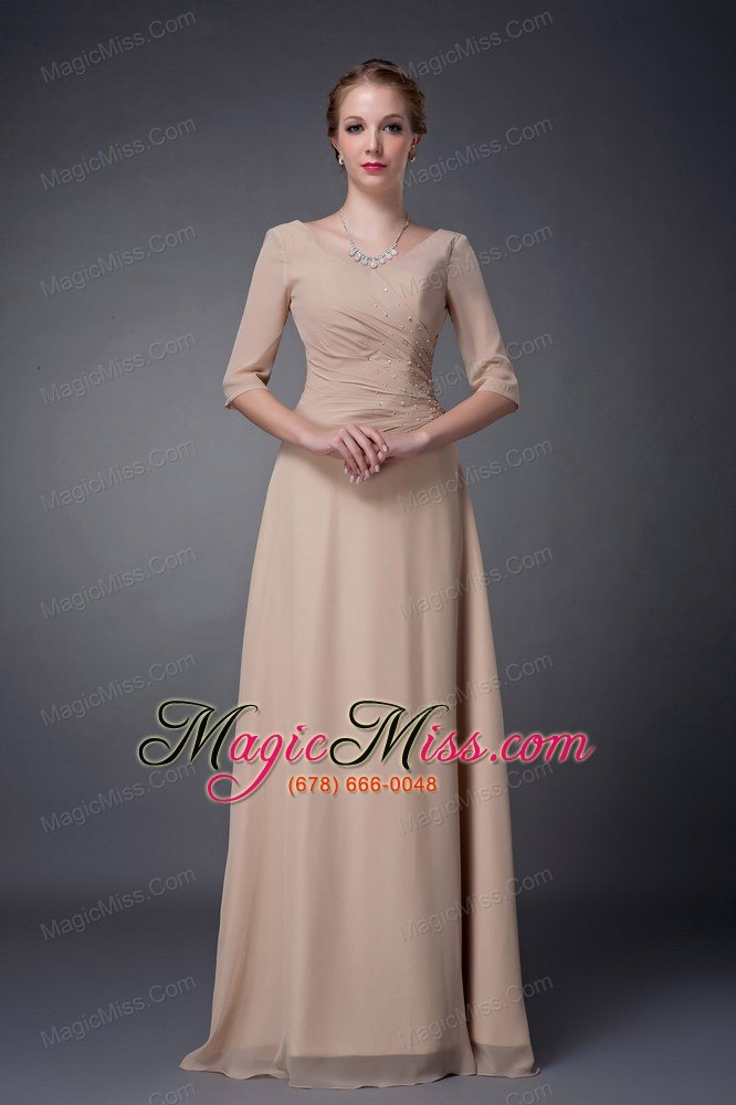 wholesale champagne empire v-neck floor-length chiffon beading mother of the bride dress