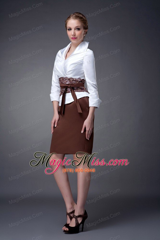 wholesale white and brown column v-neck mini-length taffeta mother of the bride dress
