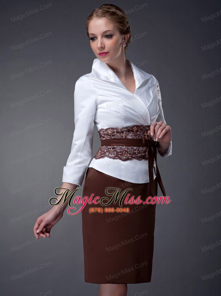 wholesale white and brown column v-neck mini-length taffeta mother of the bride dress