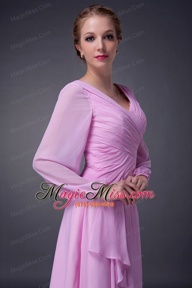 wholesale pink empire v-neck tea-length chiffon ruch mother of the bride dress