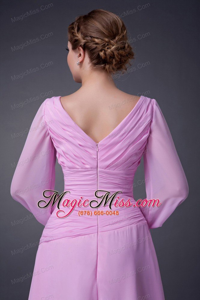 wholesale pink empire v-neck tea-length chiffon ruch mother of the bride dress