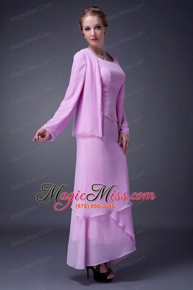 wholesale pink column scoop ankle-length chiffon beading mother of the bride dress