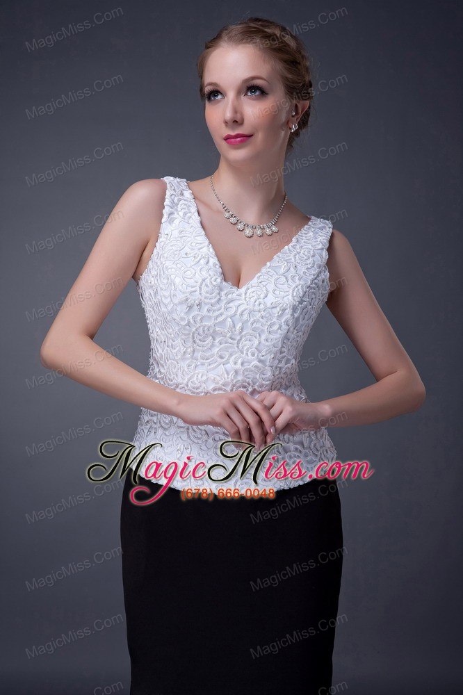 wholesale black and white column v-neck ankle-length lace and satin mother of the bride dress