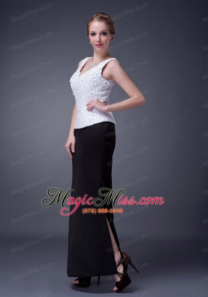 wholesale black and white column v-neck ankle-length lace and satin mother of the bride dress