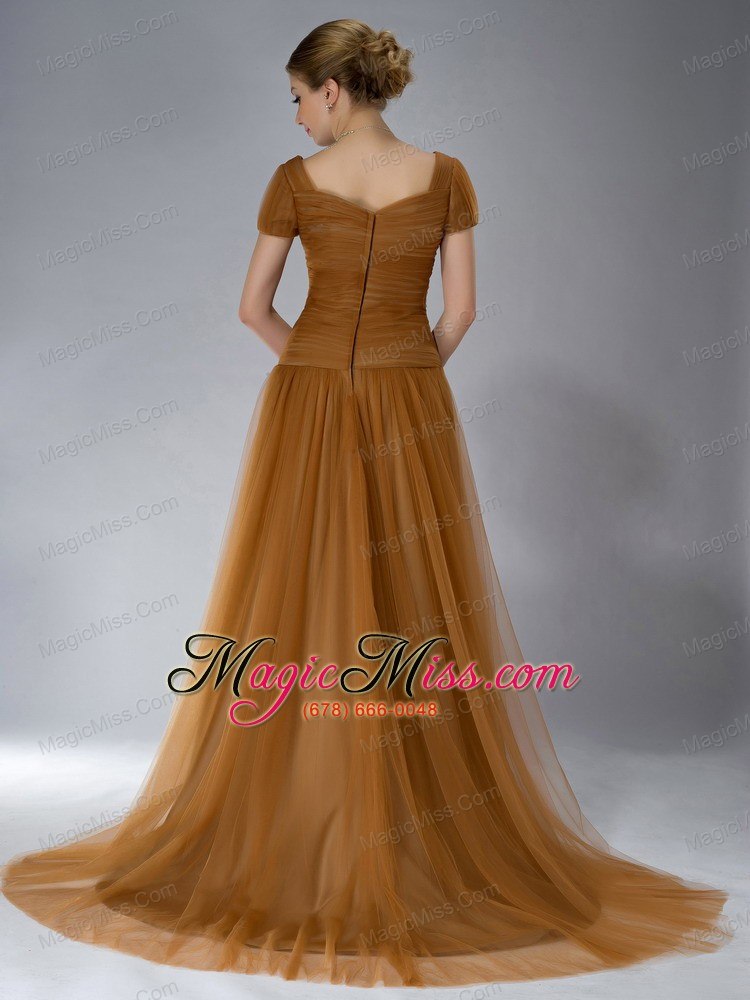 wholesale brown empire square brush train tulle appliques mother of the bride dress