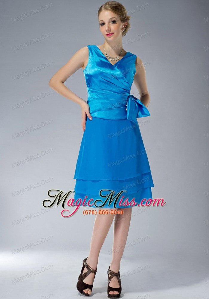 wholesale sky blue empire v-neck knee-length chiffon ruch mother of the bride dress