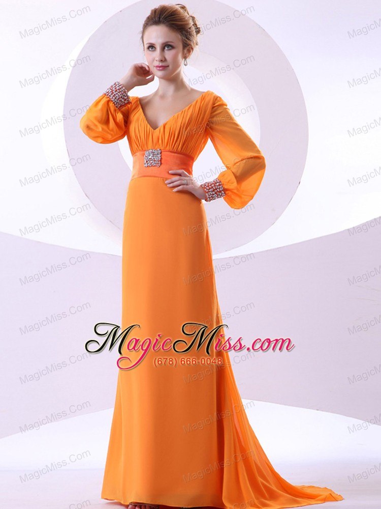 wholesale v-neck beading and ruching decorate bodice long sleeves orange chiffon brush train 2013 prom dress