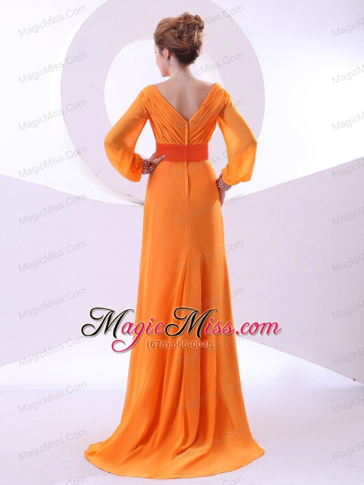 wholesale v-neck beading and ruching decorate bodice long sleeves orange chiffon brush train 2013 prom dress
