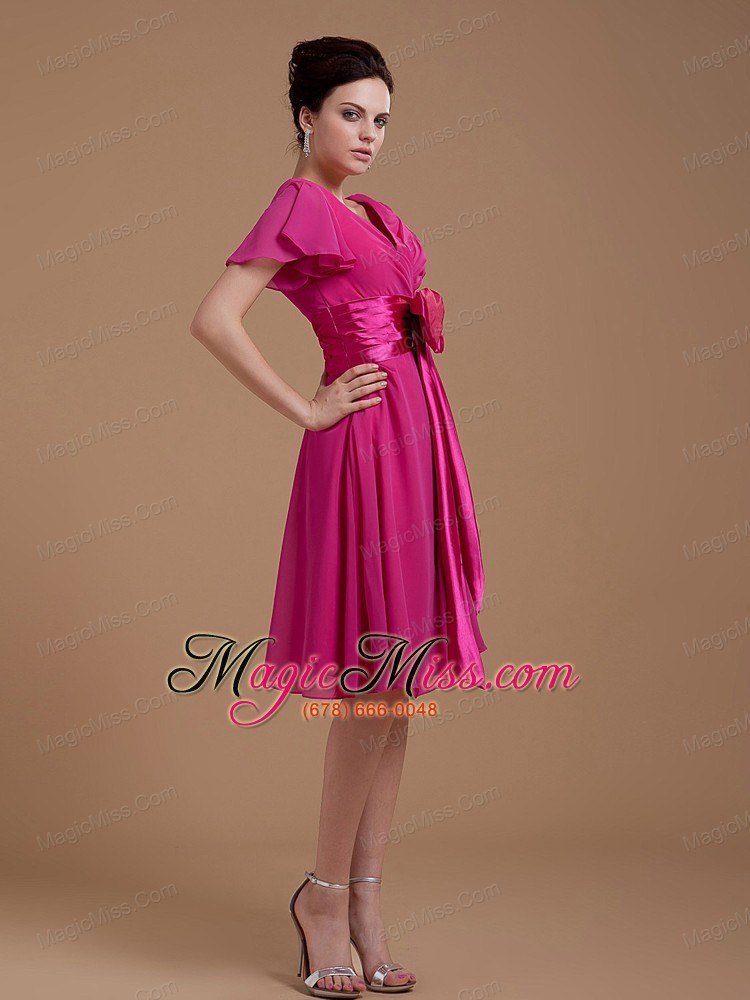 wholesale fuchsia prom / homecoming dress with bowknot short sleeves knee-length chiffon