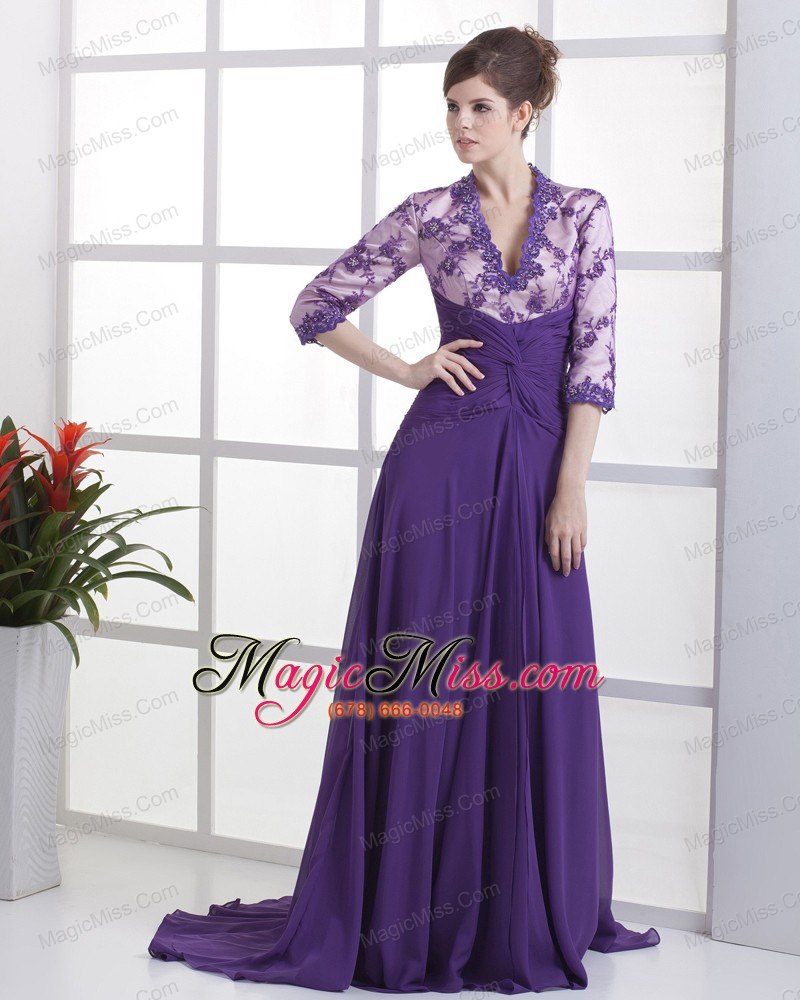 wholesale lace with beading decorate up bodice v-neck 3/ 4 sleeves purple brush train 2013 prom dress