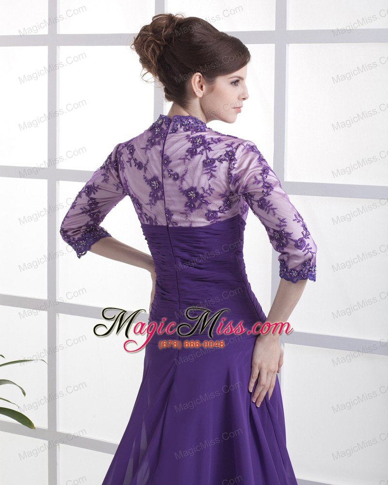 wholesale lace with beading decorate up bodice v-neck 3/ 4 sleeves purple brush train 2013 prom dress