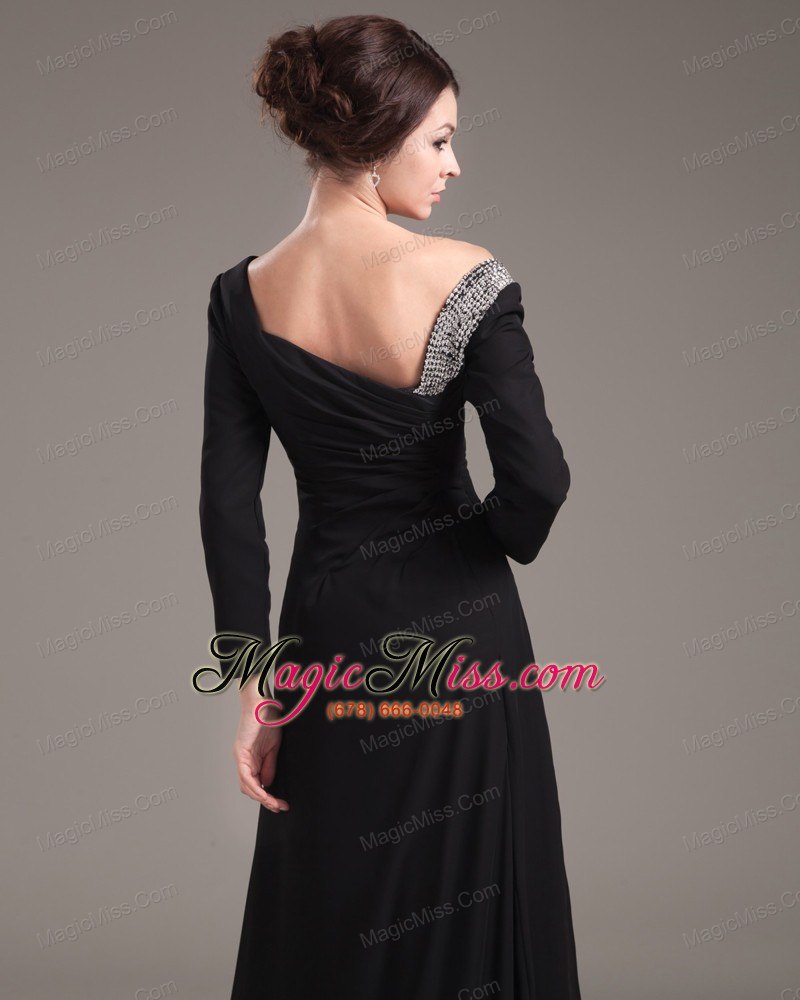 wholesale beading decorate bodice high slit off the shoulder black chiffon brush train long sleeves 2013 prom dress