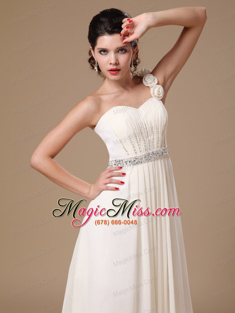 wholesale one shoulder beaded decorate waist prom gowns with chiffon hand made flowers for custom made in troy alabama