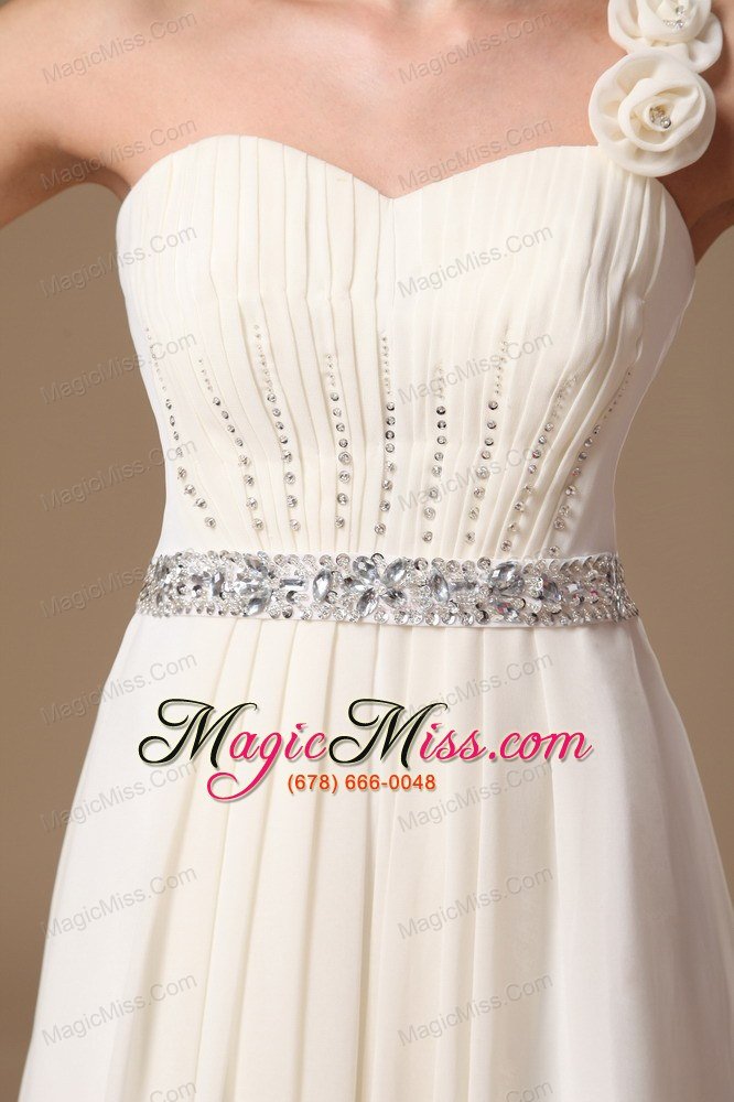 wholesale one shoulder beaded decorate waist prom gowns with chiffon hand made flowers for custom made in troy alabama