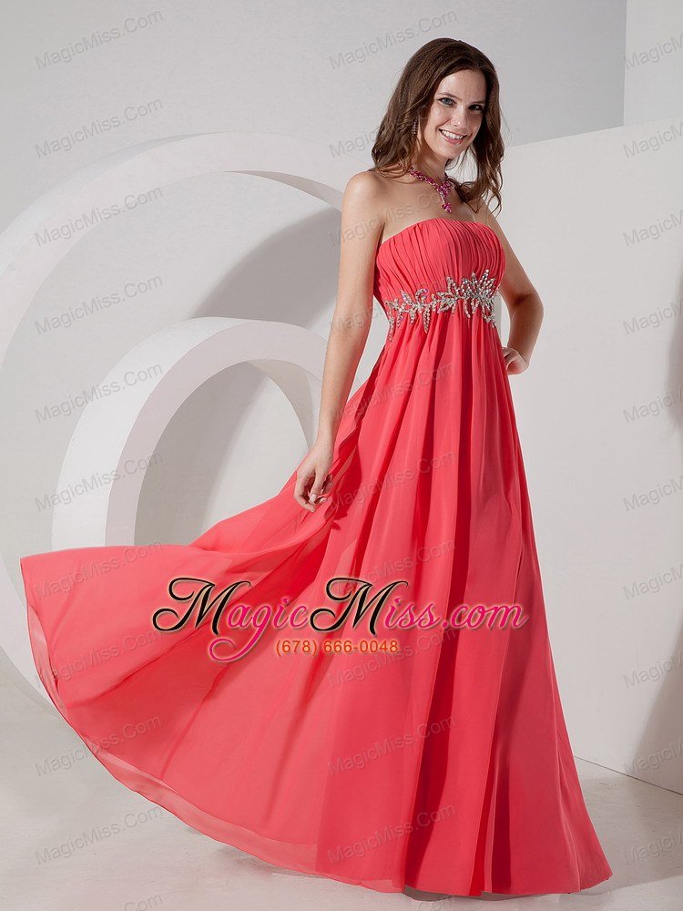 wholesale watermelon red empire strapless floor-length chiffon beading prom dress
