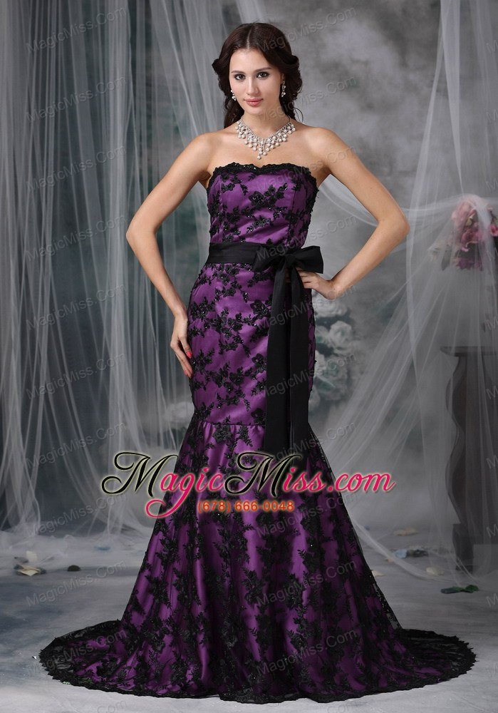 wholesale black and purple mermaid strapless court train sash taffeta and lace prom dress