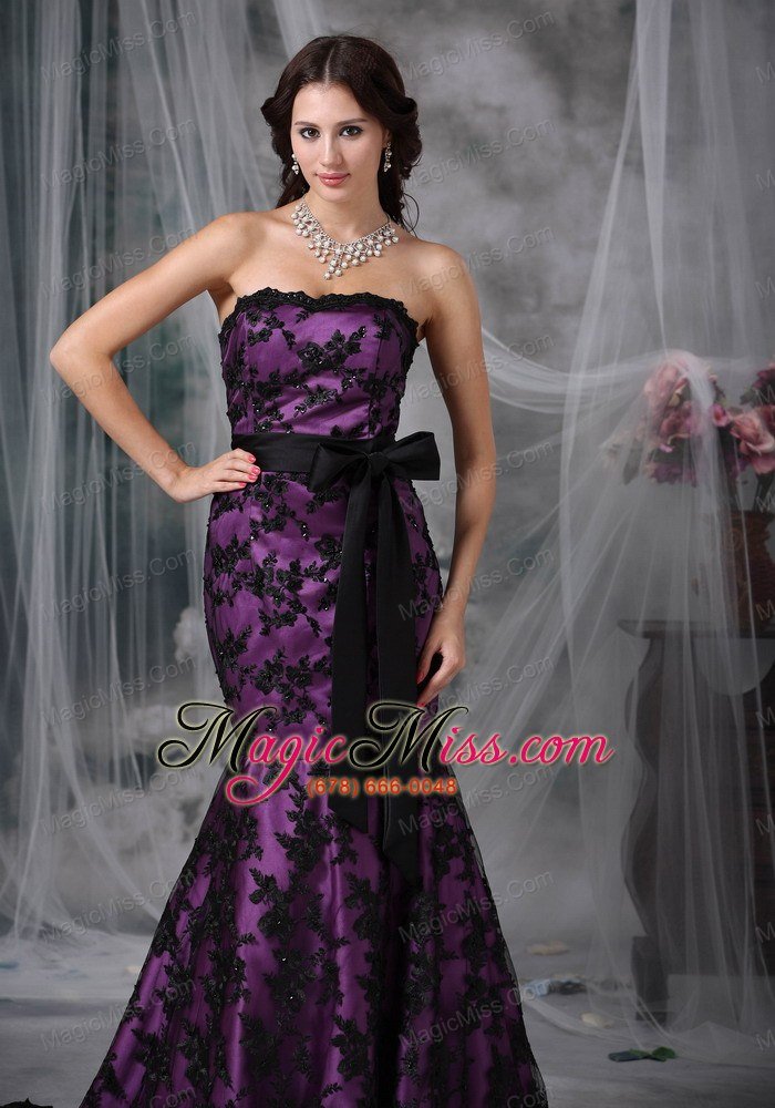 wholesale black and purple mermaid strapless court train sash taffeta and lace prom dress