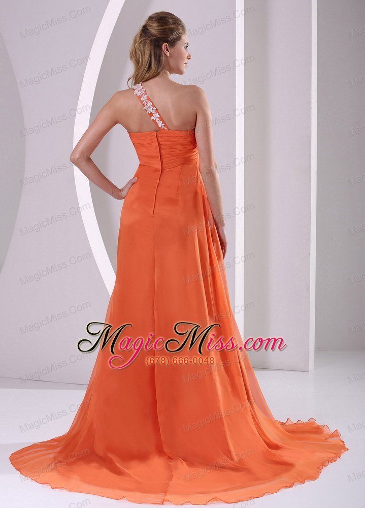wholesale orange red one shoulder high slit court train 2013 prom pageant dress appliques and ruch