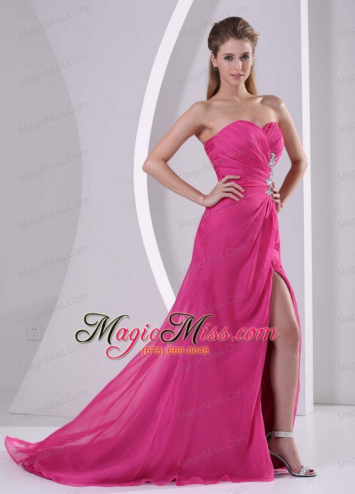 wholesale high slit hot pink sweetheart stylish prom celebrity dress appliques and ruch