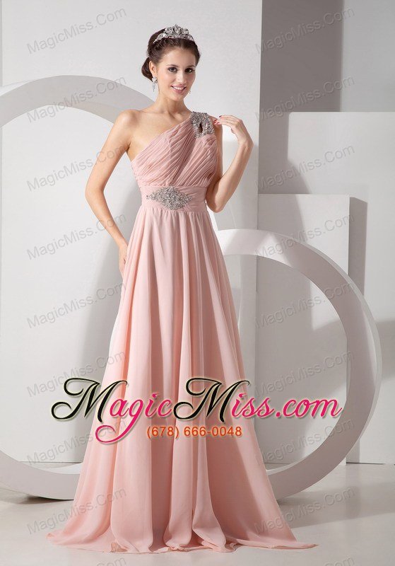 wholesale gorgeous baby pink empire one shoulder prom dress chiffon ruch and beading brush train