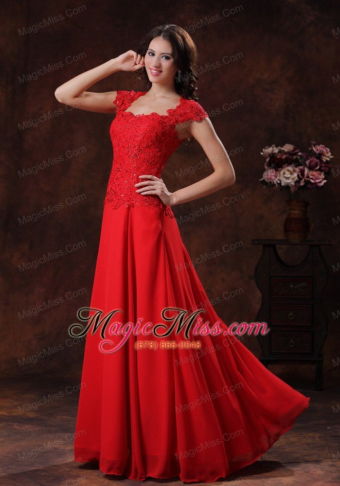 wholesale custom made red square neckline prom dress with lace over bodice in flagstaff arizona