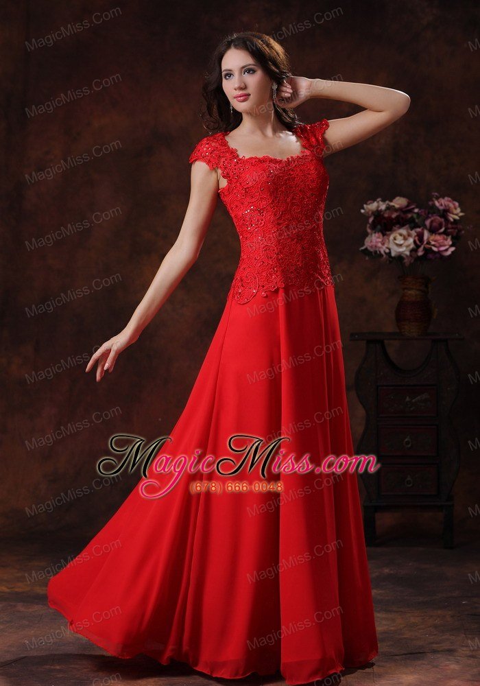 wholesale custom made red square neckline prom dress with lace over bodice in flagstaff arizona