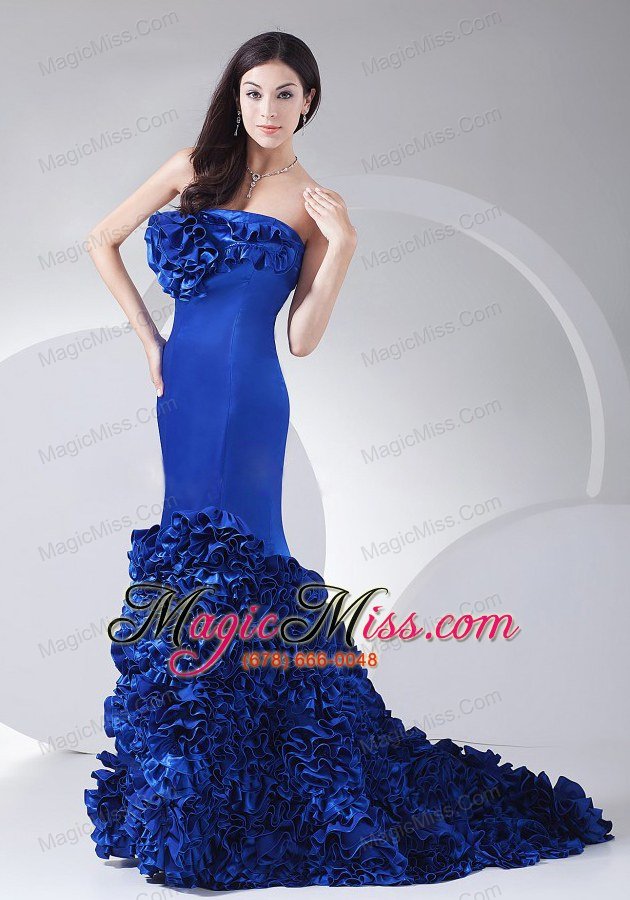 wholesale hand made flowers decorate bodice strapless mermaid blue taffeta brush train 2013 prom dress