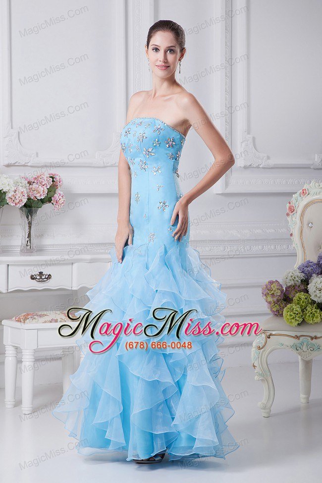 wholesale beading and ruffles decorate bodice mermaid aqua blue ankle-length prom dress for 2013 strapless