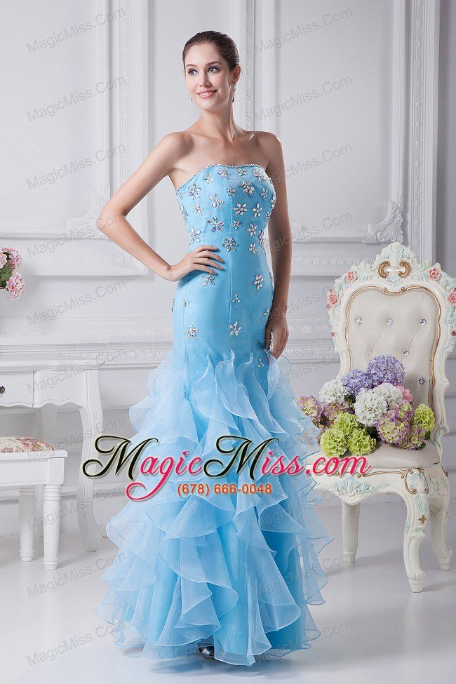 wholesale beading and ruffles decorate bodice mermaid aqua blue ankle-length prom dress for 2013 strapless
