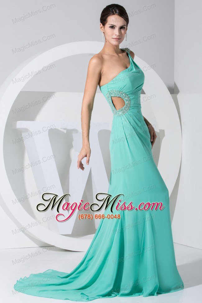 wholesale beading decorate bodice one shoulder turquoise chiffon brush train prom dress for 2013