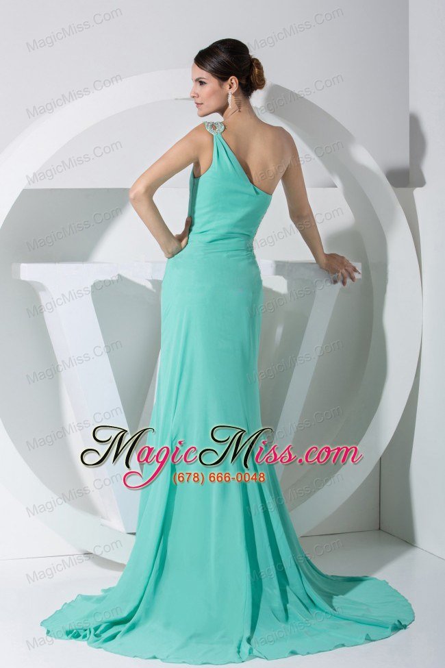 wholesale beading decorate bodice one shoulder turquoise chiffon brush train prom dress for 2013