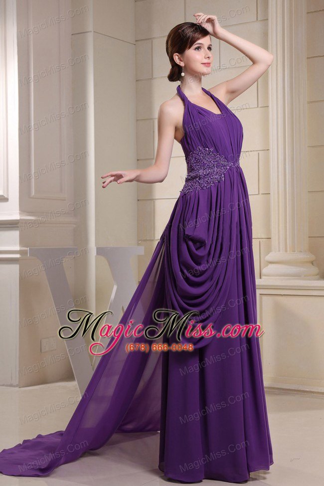 wholesale purple prom dress with halter ruch and appliques
