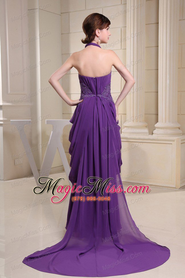 wholesale purple prom dress with halter ruch and appliques