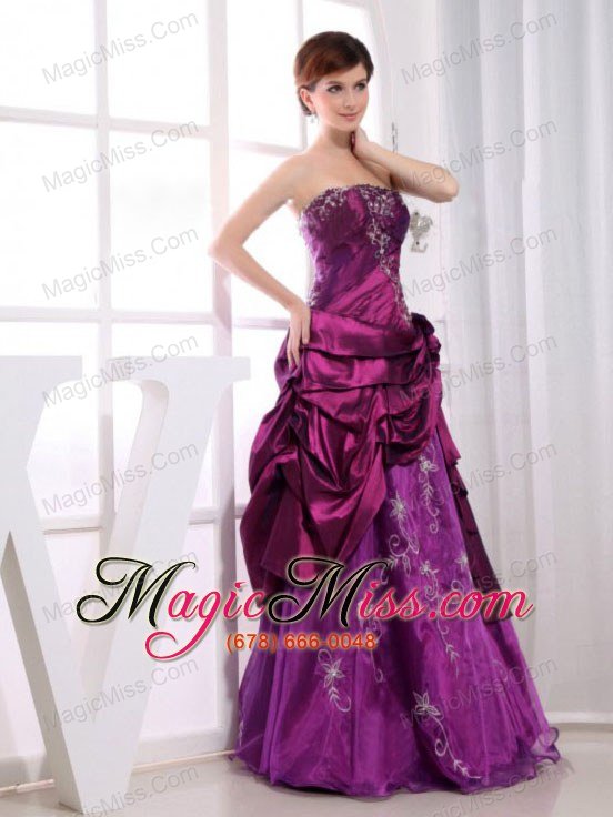 wholesale a-line strapless taffeta fuchsia floor-length embroidery prom dress