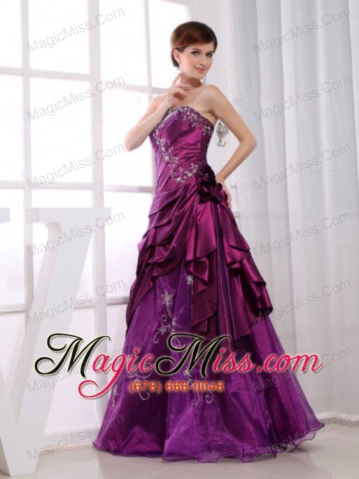 wholesale a-line strapless taffeta fuchsia floor-length embroidery prom dress
