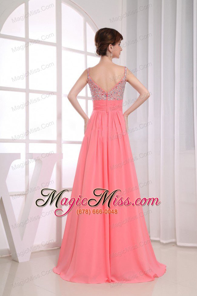 wholesale beading empire straps watermelon chiffon floor-length prom dress