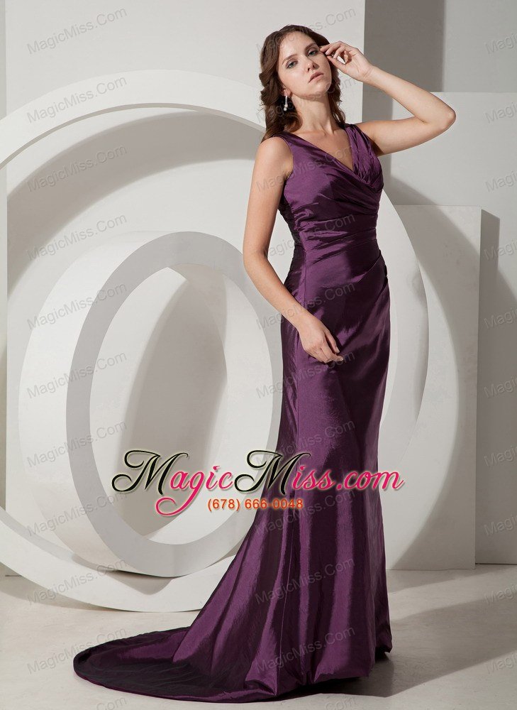 wholesale customize dark purple column / sheath v-neck bridesmaid dress taffeta brush / sweep train