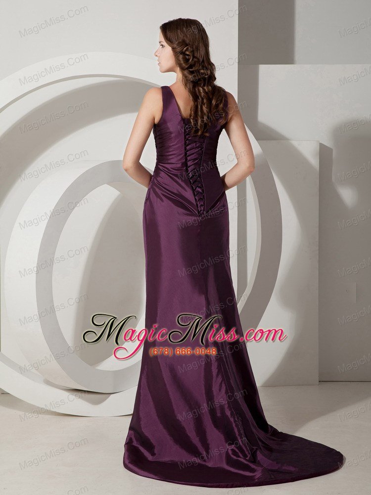 wholesale customize dark purple column / sheath v-neck bridesmaid dress taffeta brush / sweep train