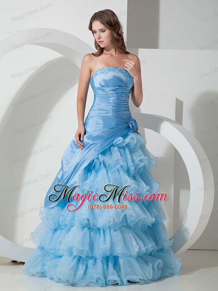 wholesale baby blue a-line strapless floor-length organza hand flowers quinceanera dress