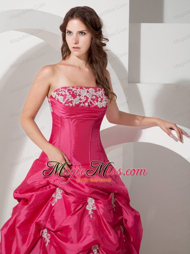 wholesale popular hot pink a-line strapless appliques prom dress floor-length taffeta