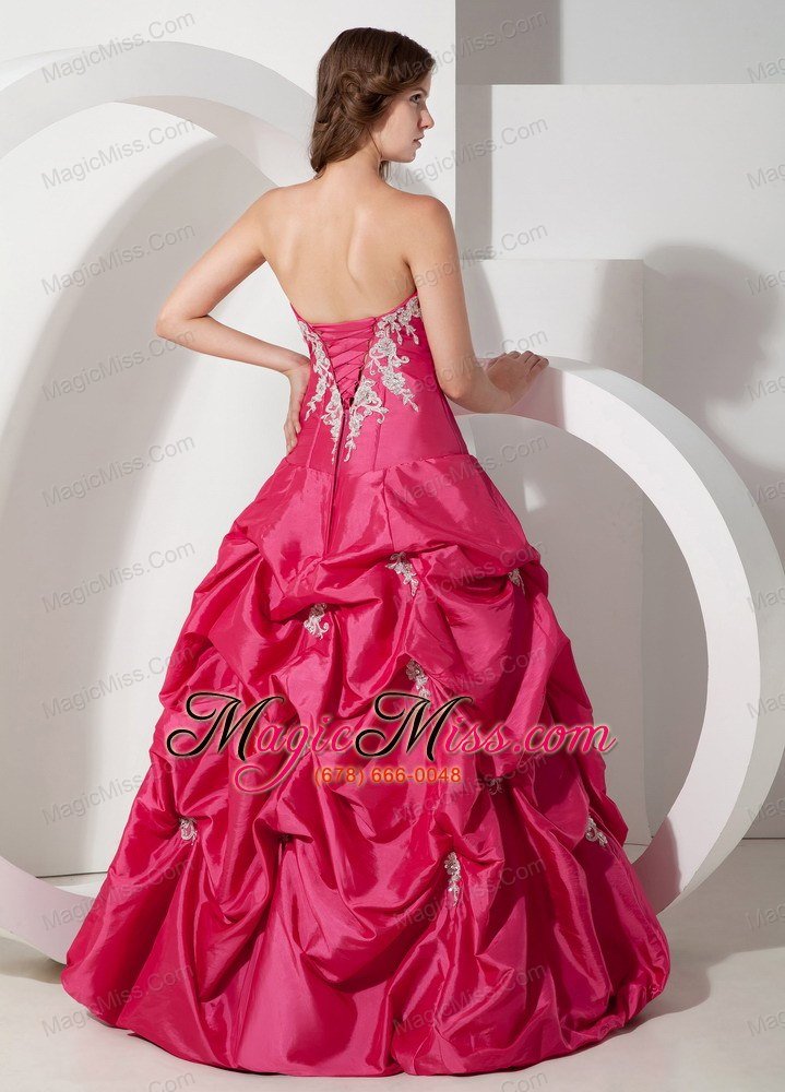 wholesale popular hot pink a-line strapless appliques prom dress floor-length taffeta