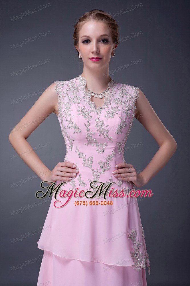 wholesale pink empire v-neck floor-length chiffon appliques mother of the bride dress